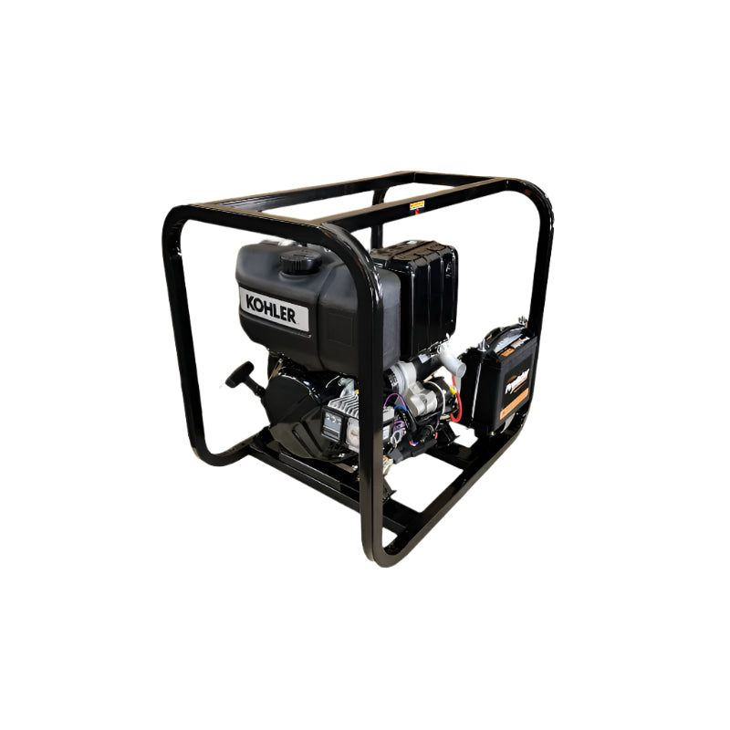 Powertech diesel drive unit with Kohler engine, mounted on a sturdy black steel frame. The compact, industrial-grade machine is designed for powering submersible pumps and heavy-duty applications, shown on a white background for clear product display.