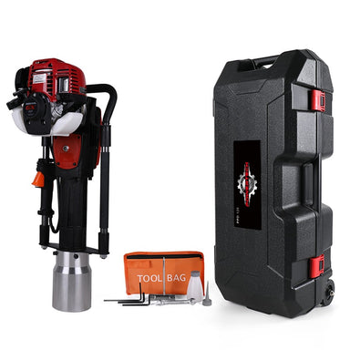 Powertech GX50 Honda post driver with carry case and tool bag, designed for efficient and portable fence post installation on farms and worksites.