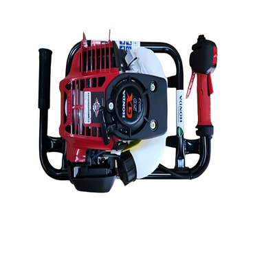 Top view of the Powertech Honda GX50 engine featuring a compact design with a red housing, black frame, and ergonomic handles, used for post hole diggers and outdoor equipment.