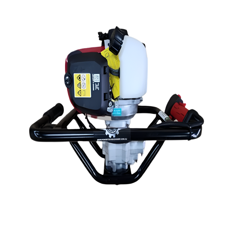 Side view of the Powertech Honda GX50 engine showing the white fuel tank, warning labels, and sturdy frame design, used in Powertech post hole diggers.