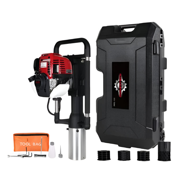 Complete Powertech Honda GX50 PPD100 post driver kit including carry case, tool bag, adaptors, and accessories for professional fencing and post installation.