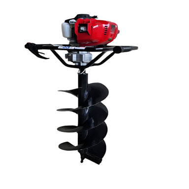 Powertech Honda V1 post hole digger with Honda GX engine and dual 100 mm & 250 mm augers for efficient soil drilling and fencing work.