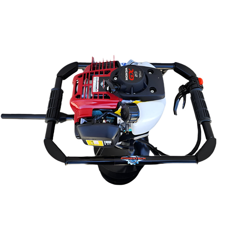 Top view of the Powertech Honda V3 Post Hole Digger showing its red Honda GX engine, white fuel tank, and black handle grips. The equipment rests on a clean white background, emphasizing its durable frame and professional-grade construction for precise ground drilling.