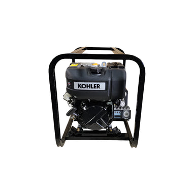 Front view of the Powertech diesel drive unit with Kohler engine, housed in a durable black steel frame. Compact industrial design for powering submersible pumps and machinery, shown isolated on a white background for product clarity.
