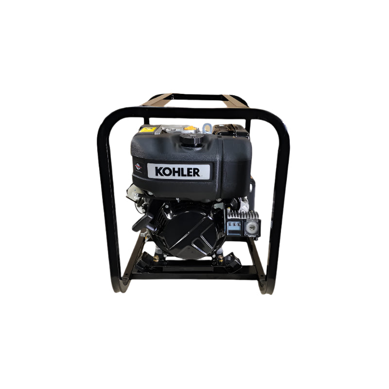 Front view of the Powertech diesel drive unit with Kohler engine, housed in a durable black steel frame. Compact industrial design for powering submersible pumps and machinery, shown isolated on a white background for product clarity.