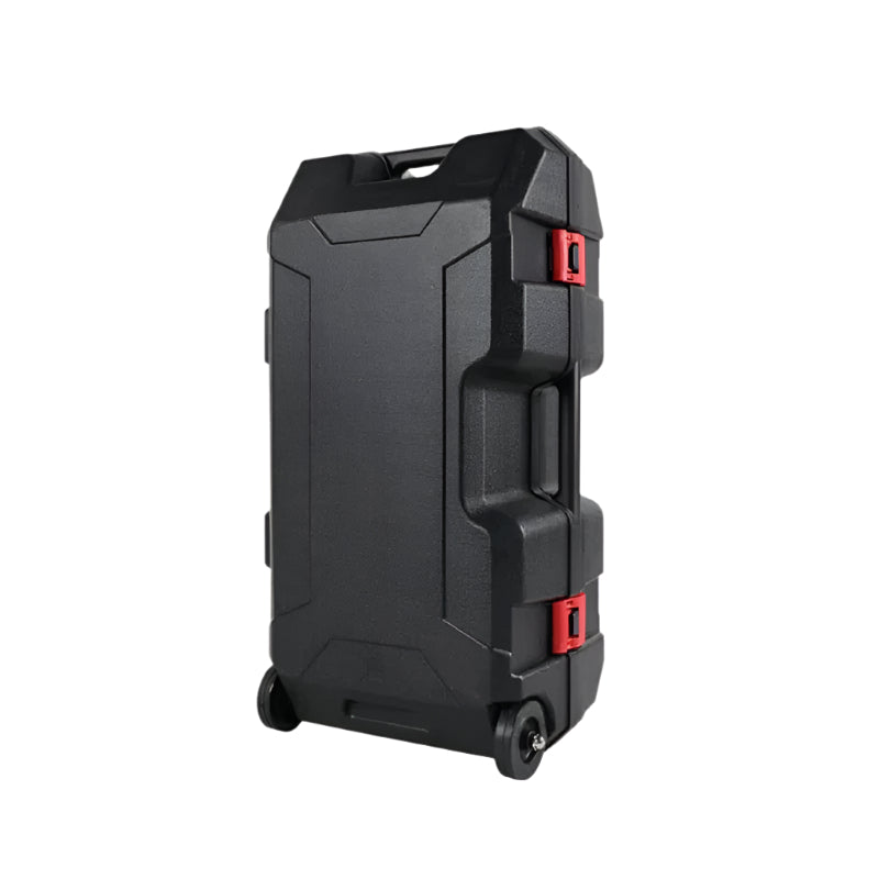 Durable black Powertech PPD-100 carry case with red locking clips and built-in wheels, designed for easy transport and secure storage of the post driver and accessories.