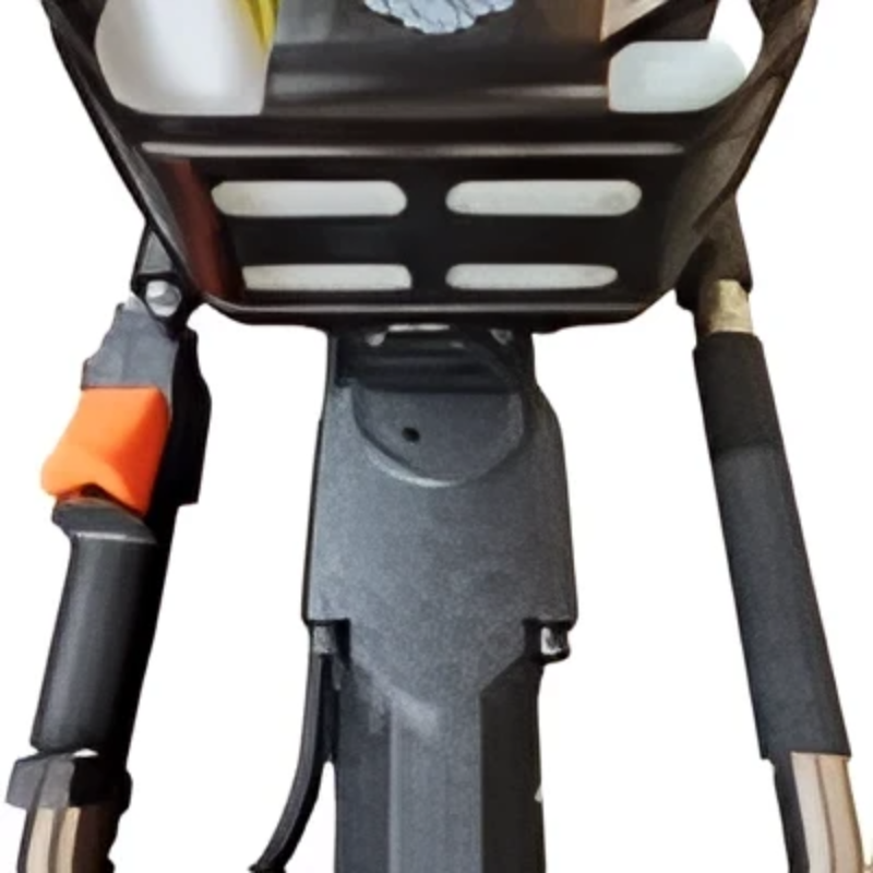 Close-up of the Powertech PPD-100 post driver’s control handle and reinforced engine guard, showing the orange throttle trigger, padded grips, and durable protective housing for safe and ergonomic operation.