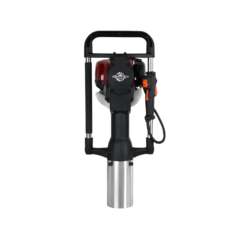 Powertech PPD-100 post driver powered by a reliable Honda GX50 engine, featuring durable handles, a precision throttle control, and a heavy-duty impact head for efficient post installation.