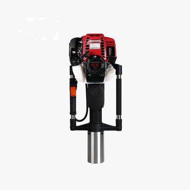 Powertech PPD-80 post driver powered by a Honda GX35 engine, featuring durable twin handles, a silver driving sleeve, and ergonomic throttle control for easy post installation.