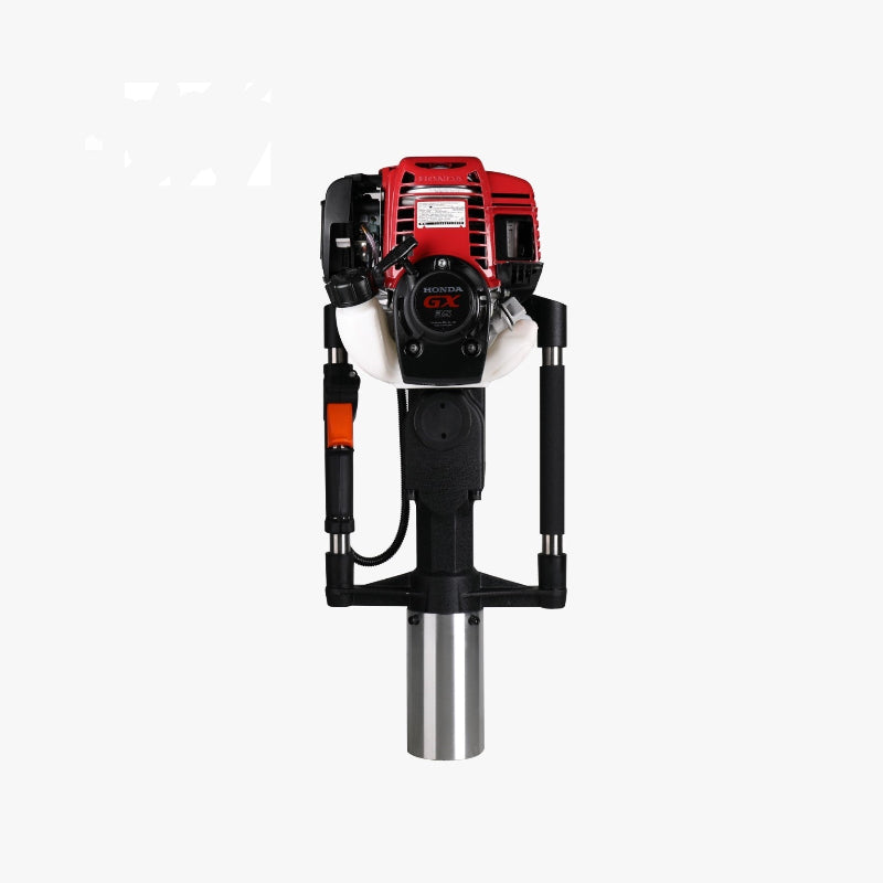 Powertech PPD-80 post driver powered by a Honda GX35 engine, featuring durable twin handles, a silver driving sleeve, and ergonomic throttle control for easy post installation.