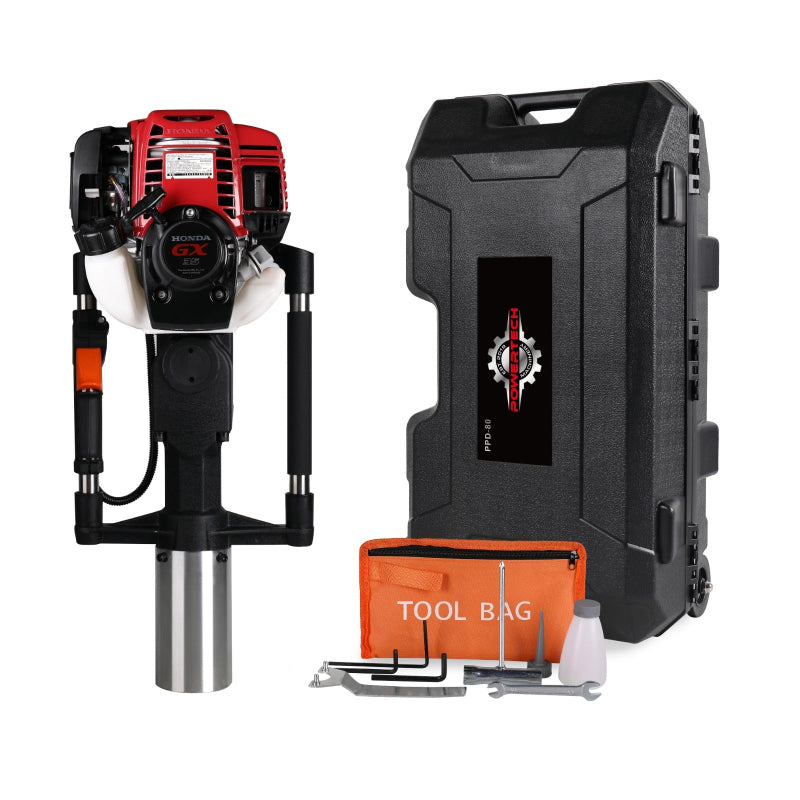 Powertech PPD-80 post driver kit with Honda GX35 engine, heavy-duty carry case, tool bag, wrenches, and fuel bottle — complete set for professional post installation.