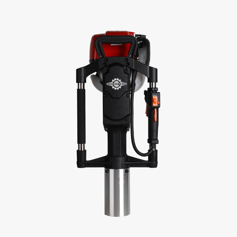 Powertech PPD-80 petrol-powered post driver with sturdy dual handles, a silver driving sleeve, and ergonomic control grip for efficient post installation.