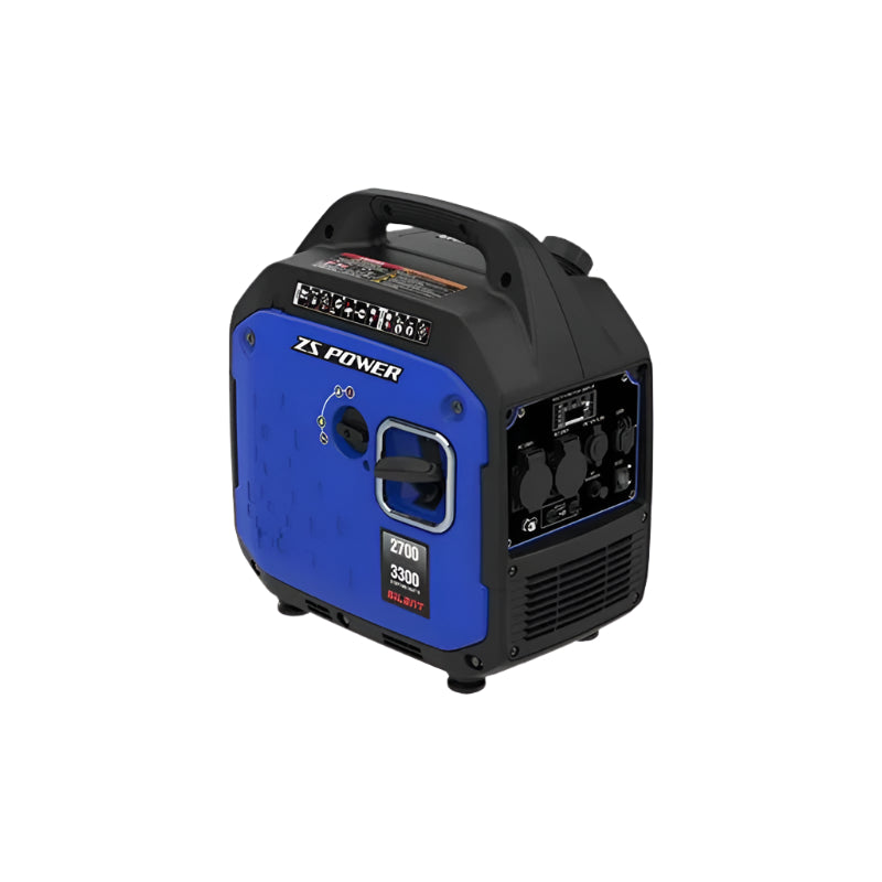 A compact, blue and black Predator BQH3300E inverter generator featuring a sturdy top handle, user interface with power outlets and control switches, air ventilation grille, and clear labeling. Ideal for portable power supply during outdoor or emergency use