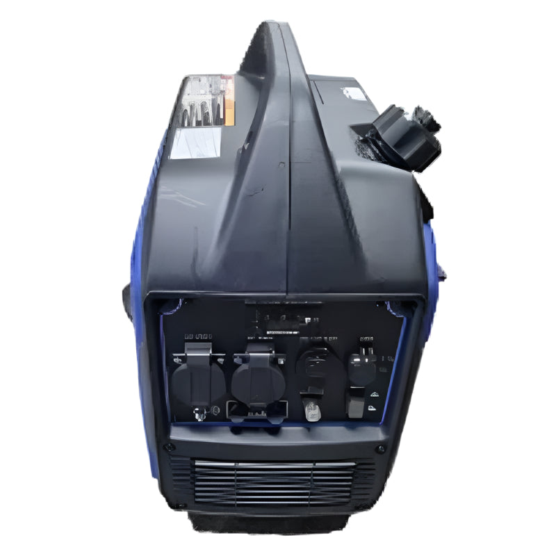 Close-up view of the Predator BQH3300E generator showing multiple power outlets, switches, and ports on the control panel. The panel is located beneath a fuel cap and handle, designed for accessible and safe electrical power management in portable applications