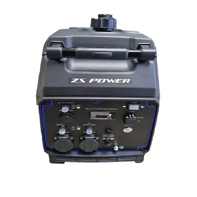 Front view of the Predator BQH4000A Inverter Generator showing the ZS Power control panel with outlets, switches, USB ports, and display screen. Displayed on a white background highlighting its multi-function interface and compact, durable power design.