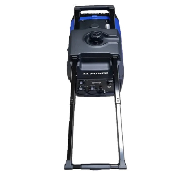 Predator BQH4000A Inverter Generator shown with its telescopic handle extended, black and blue compact body, and top fuel cap. Displayed on a white background highlighting the generator’s portability and ergonomic pull-handle design for easy transport and maneuverability.