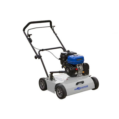 Predator Heavy Duty 18-inch petrol scarifier with a powerful engine, four-wheel stability, and durable steel deck for professional lawn dethatching and aeration.