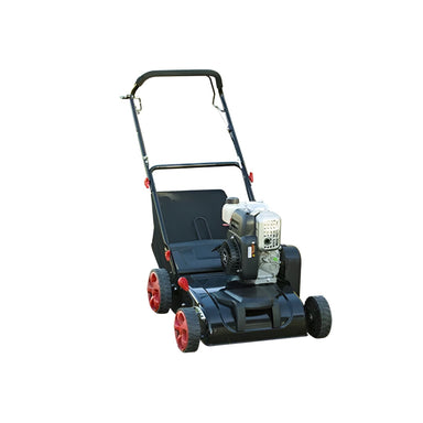 Predator LS380 domestic lawn scarifier with a powerful 5HP engine, black and red design, and large rear collection box for efficient lawn dethatching and debris removal.