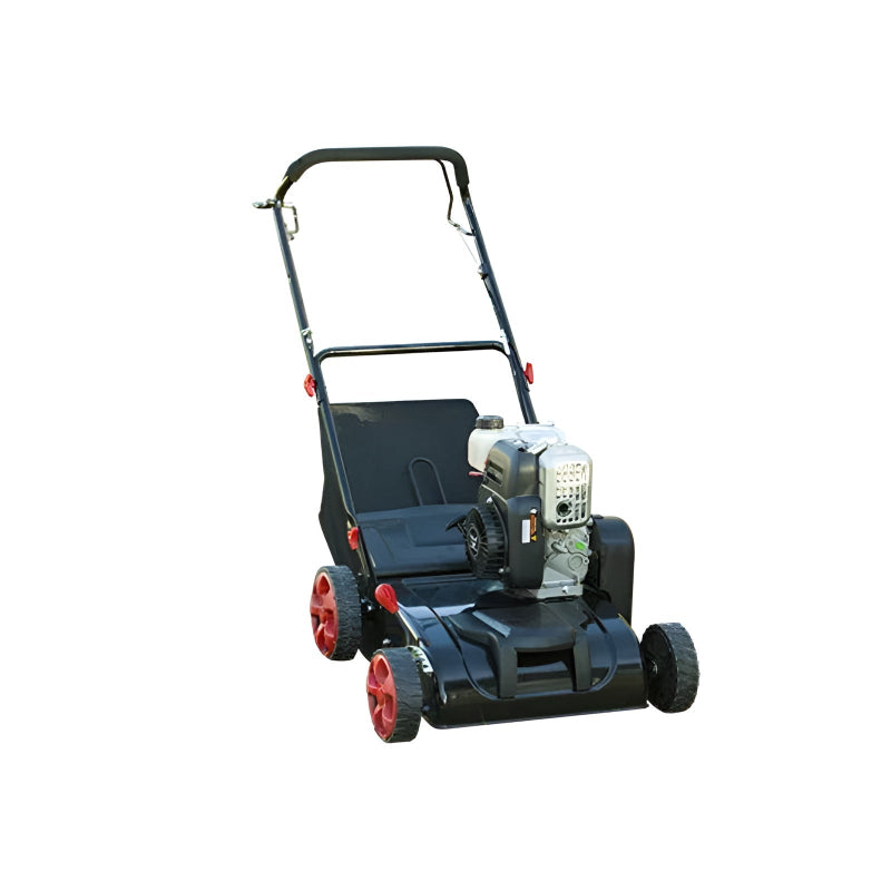 Predator LS380 domestic lawn scarifier with a powerful 5HP engine, black and red design, and large rear collection box for efficient lawn dethatching and debris removal.