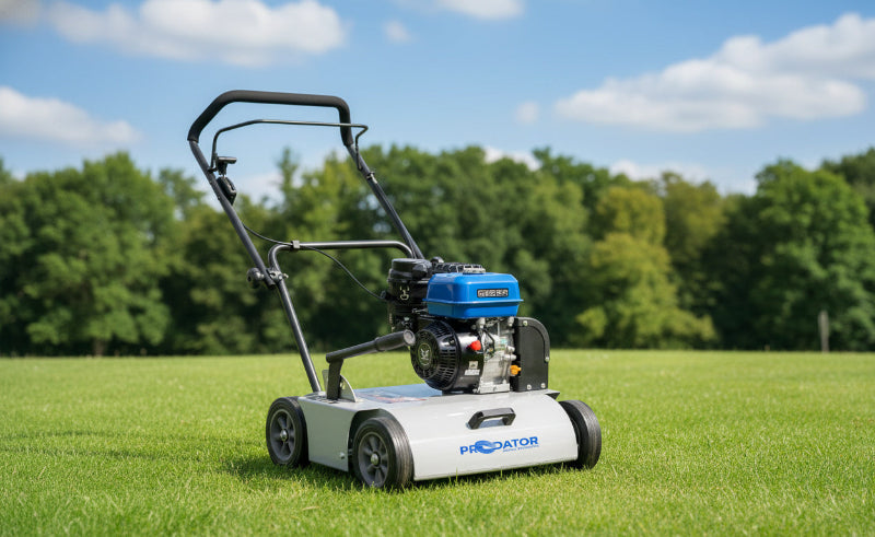Predator LS460 petrol-powered lawn scarifier with blue engine and silver deck, designed for professional lawn aeration and dethatching. Shown on a green lawn under a bright blue sky with trees in the background.