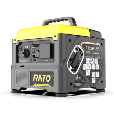 The image displays a RATO R1250i 1kW 56cc Inverter Generator, a compact and portable power source designed for recreational activities and powering small appliances. 