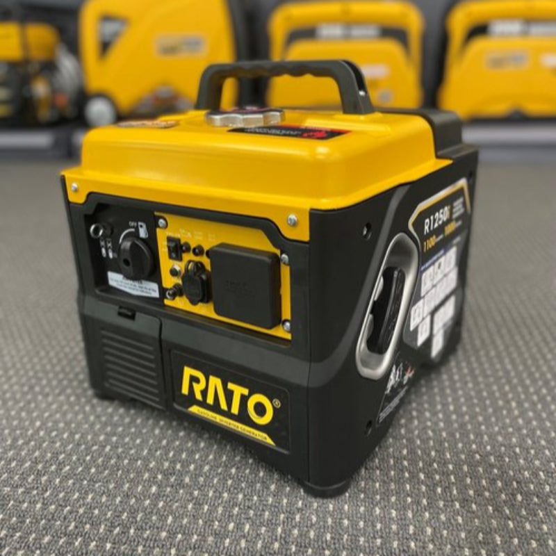 RATO R1250i gasoline inverter generator, primarily black with a prominent yellow top and handle. The generator is compact and features a quick start guide diagram on its side panel, illustrating the steps for starting the unit. The label on the generator indicates its model number, R1250i, and highlights its "GASOLINE INVERTER GENERATOR" type, with "1100 STARTING" and "1000 RUNNING" specifications for its power output. 