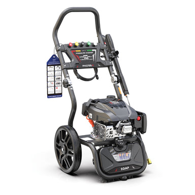 Rato PW2700-V petrol pressure washer with 2700 PSI cleaning power and durable OHV engine. Heavy-duty design with spray gun, large wheels, detergent tank, and quick-connect nozzles for driveways, vehicles, outdoor furniture, and commercial cleaning tasks.
