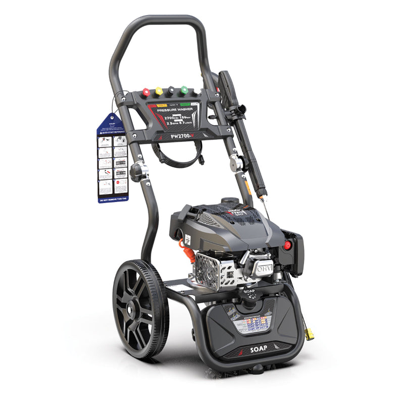 Rato PW2700-V petrol pressure washer with 2700 PSI cleaning power and durable OHV engine. Heavy-duty design with spray gun, large wheels, detergent tank, and quick-connect nozzles for driveways, vehicles, outdoor furniture, and commercial cleaning tasks.