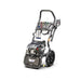 Angled side view of the Rato PW2700-V petrol pressure washer, featuring durable frame, OHV engine, ergonomic spray gun holder, large transport wheels, color-coded quick-connect nozzles, and soap tank. Ideal for heavy-duty outdoor cleaning, vehicles, driveways, and commercial maintenance tasks.