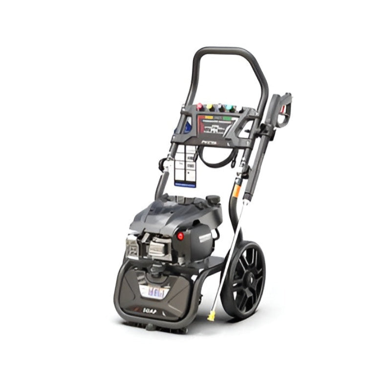 Angled side view of the Rato PW2700-V petrol pressure washer, featuring durable frame, OHV engine, ergonomic spray gun holder, large transport wheels, color-coded quick-connect nozzles, and soap tank. Ideal for heavy-duty outdoor cleaning, vehicles, driveways, and commercial maintenance tasks.