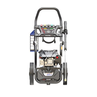 Front view of the Rato PW2700-V petrol pressure washer, showing compact frame, OHV engine, spray gun holder, quick-connect nozzles, large wheels, and integrated soap tank. Designed for powerful 2700 PSI cleaning of vehicles, outdoor areas, and heavy-duty surfaces.