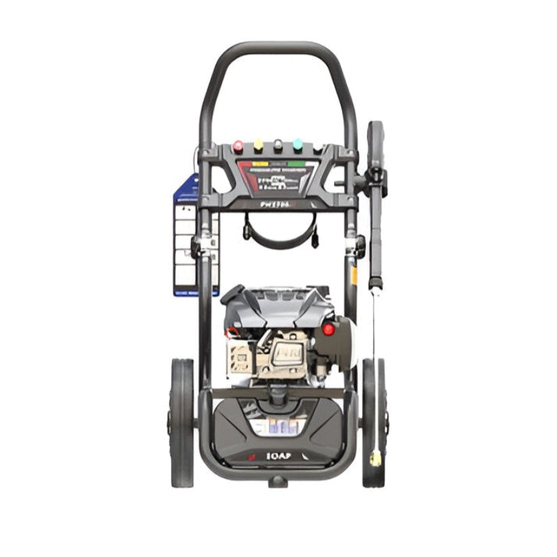 Front view of the Rato PW2700-V petrol pressure washer, showing compact frame, OHV engine, spray gun holder, quick-connect nozzles, large wheels, and integrated soap tank. Designed for powerful 2700 PSI cleaning of vehicles, outdoor areas, and heavy-duty surfaces.