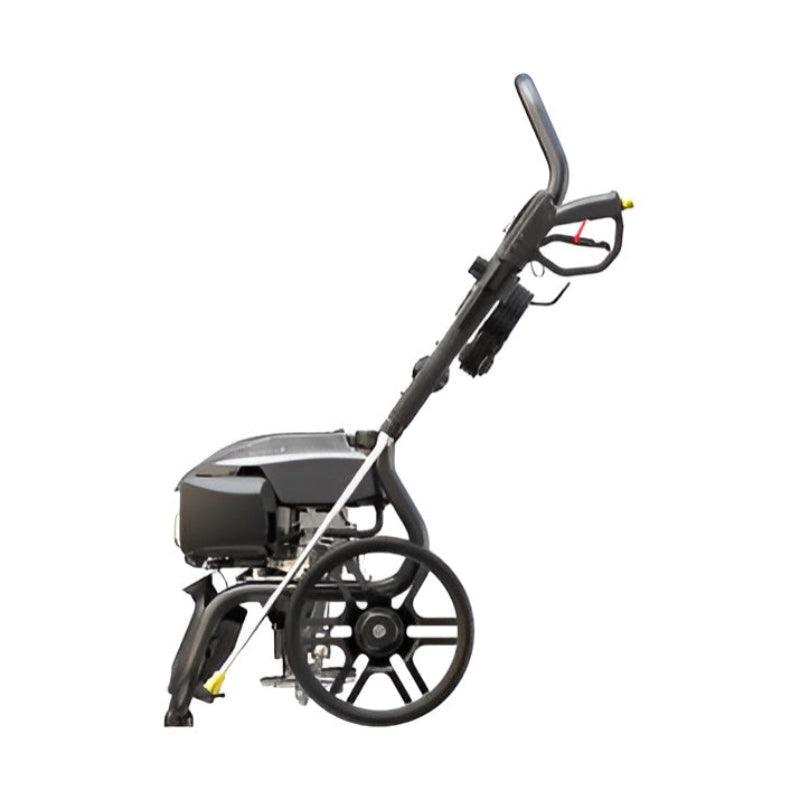 Side view of the Rato PW2700-V petrol pressure washer showing compact frame, powerful OHV engine, sturdy wheels, ergonomic handle, hose storage hooks, and spray wand holder. Designed for durability, mobility, and efficient outdoor cleaning tasks on vehicles, patios, and driveways.