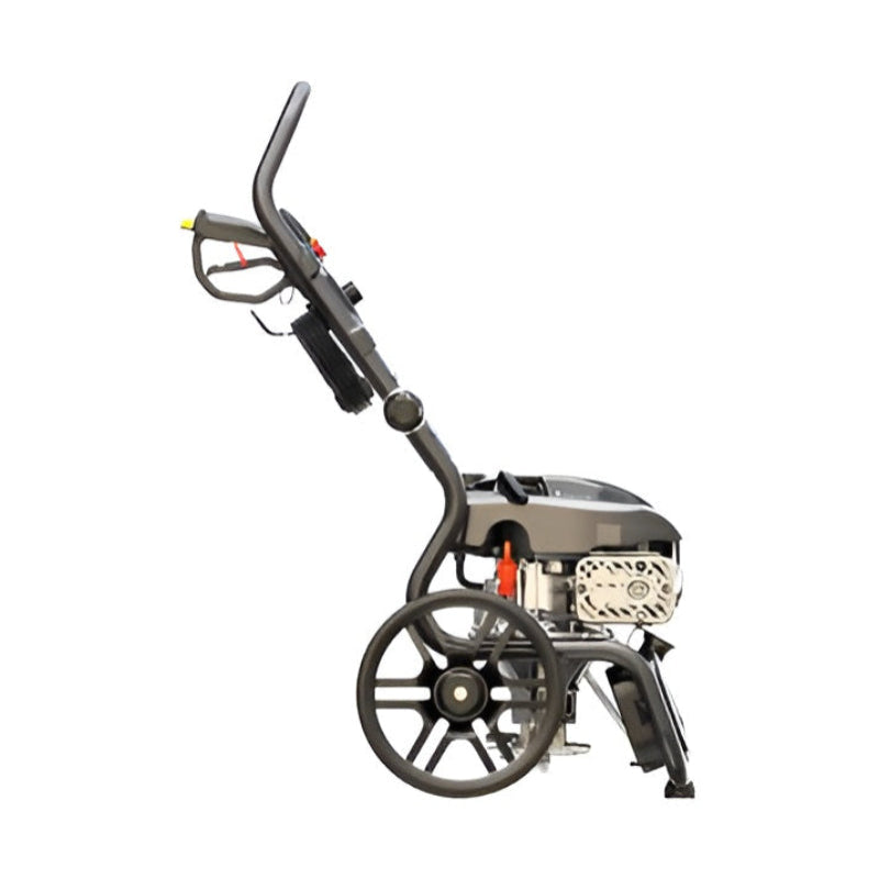 Side view of the Rato PW2700-V petrol pressure washer showing compact frame, powerful OHV engine, sturdy wheels, ergonomic handle, hose storage hooks, and spray wand holder. Designed for durability, mobility, and efficient outdoor cleaning tasks on vehicles, patios, and driveways.
