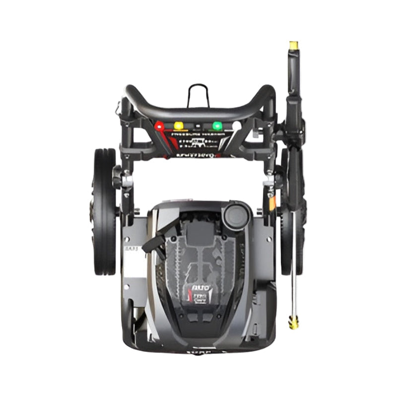 Top view of the Rato PW2700-V petrol pressure washer showing ergonomic handle, quick-connect nozzles, large wheels, and compact OHV engine layout. Provides easy storage, maneuverability, and powerful cleaning performance for driveways, vehicles, decks, and outdoor surfaces with durable steel frame design.