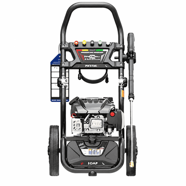 Rato Pressure Washer PW2700-V shown from the front on a white background, featuring the petrol engine, spray gun and lance, nozzle tips, large wheels, soap tank and upright tubular handle.