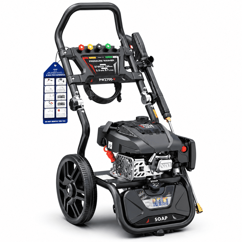 Rato Pressure Washer PW2700-V shown in a full angled view on a white background, featuring the petrol engine, spray gun, nozzle tips, hose, large wheels, soap tank and tubular frame.