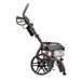 Rato Pressure Washer PW2700-V shown in profile on a white background, highlighting the large wheel, petrol engine, exhaust guard, spray gun, coiled hose and upright handle frame.