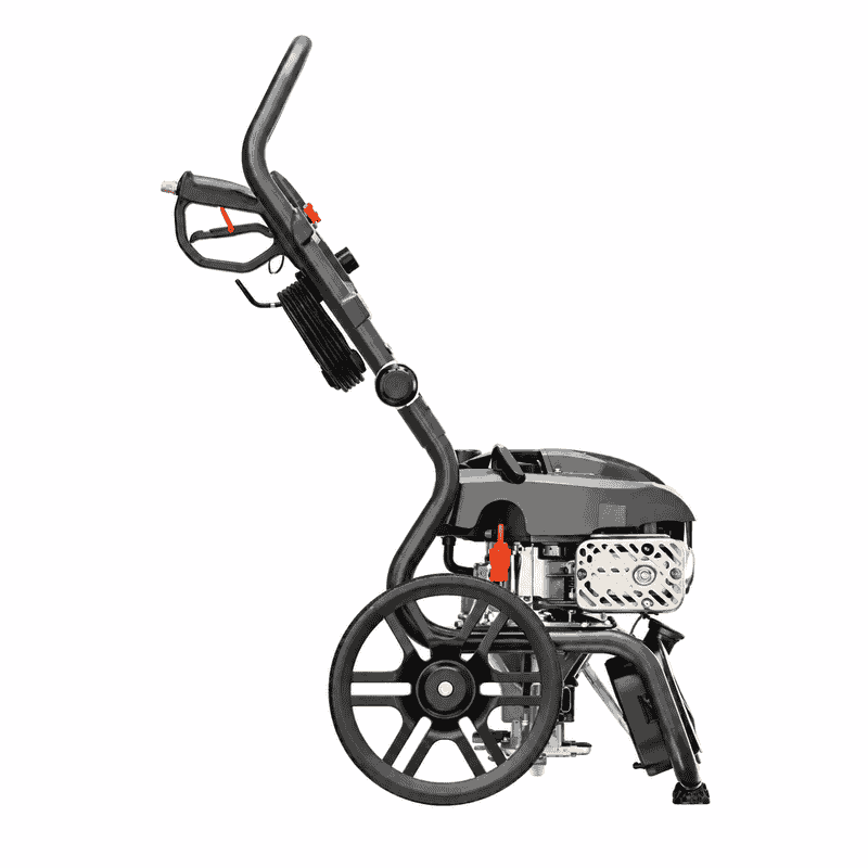 Rato Pressure Washer PW2700-V shown in profile on a white background, highlighting the large wheel, petrol engine, exhaust guard, spray gun, coiled hose and upright handle frame.