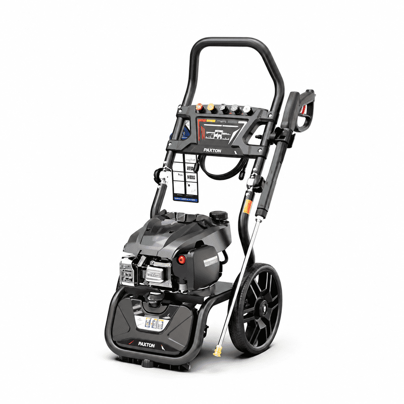 Rato Pressure Washer PW2700-V shown from a side angled view on a white background, featuring the petrol engine, spray gun and lance, nozzle tips, large wheel, soap tank and upright handle frame.