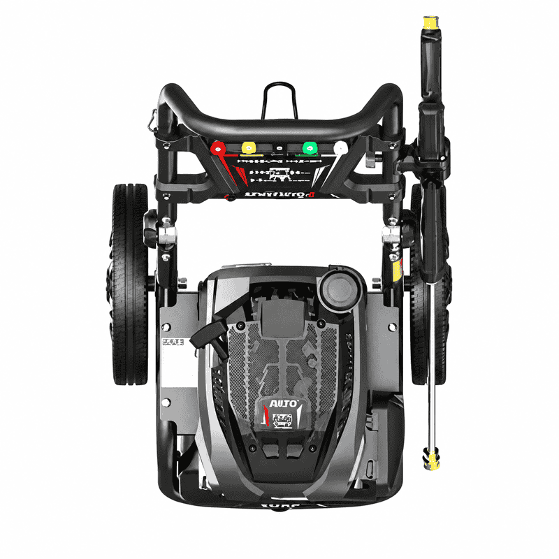 Rato Pressure Washer PW2700-V shown from above on a white background, highlighting the petrol engine, large wheels, spray gun and lance, nozzle tips, handle frame and onboard accessory storage.