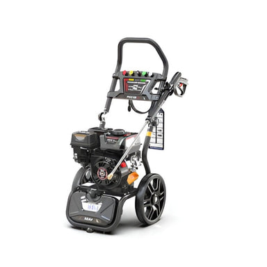 Rato PW3100-H 2600–2700 PSI petrol pressure washer angled view, featuring OHV engine, durable frame, ergonomic handle, large wheels, quick-connect nozzles, and detergent tank. Ideal for residential and commercial outdoor cleaning of cars, driveways, patios, decks, fences, and equipment.