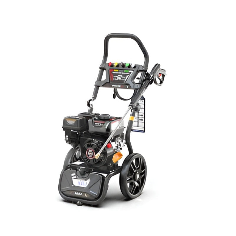 Rato PW3100-H 2600–2700 PSI petrol pressure washer angled view, featuring OHV engine, durable frame, ergonomic handle, large wheels, quick-connect nozzles, and detergent tank. Ideal for residential and commercial outdoor cleaning of cars, driveways, patios, decks, fences, and equipment.