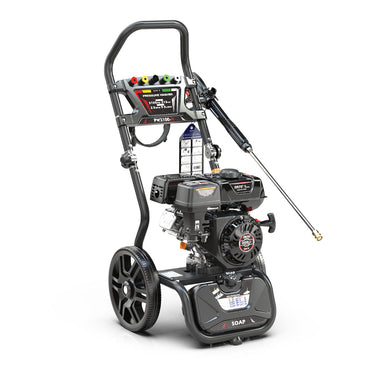 Rato PW3100-H petrol pressure washer with 2600–2700 PSI output, featuring a durable OHV engine, large wheels, ergonomic handle, soap applicator, and quick-connect spray nozzles. Ideal for cleaning driveways, cars, decks, patios, and outdoor surfaces with reliable performance.