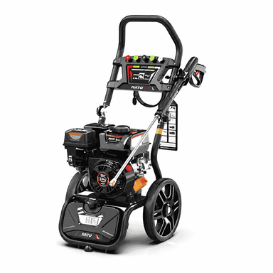 Rato PW3100-H – High Pressure Washer 2600–2700 PSI shown from an angled view on a white background, featuring the petrol engine, spray gun and lance, nozzle tips, large wheels and upright handle frame.