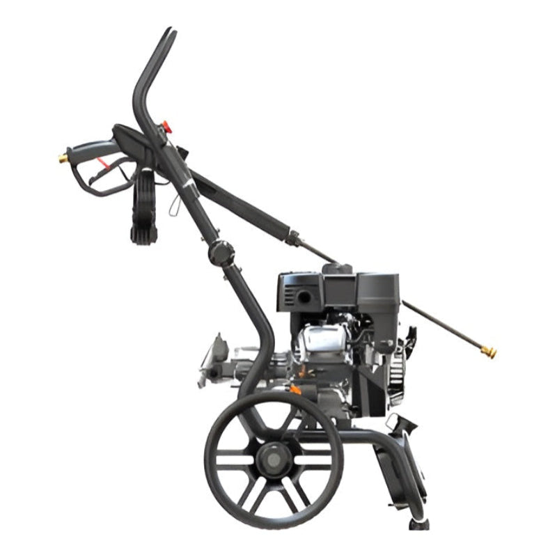 Right-side profile of the Rato PW3100-H petrol pressure washer, rated 2600–2700 PSI, featuring ergonomic spray wand, robust wheels, and a powerful OHV engine. Ideal for residential and commercial outdoor cleaning, including cars, driveways, concrete, fencing, patios, and heavy-duty equipment.