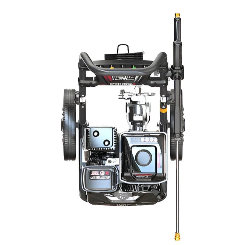 Top-down rear view of the Rato PW3100-H 2600–2700 PSI petrol pressure washer with OHV engine, spray gun holster, large wheels, and onboard detergent tank. Built for durability, portability, and efficient cleaning of driveways, cars, patios, decks, and outdoor equipment.