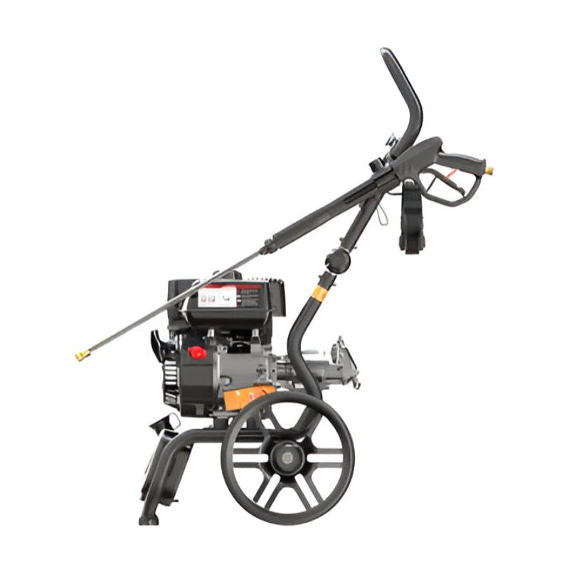 Side profile of the Rato PW3100-H petrol pressure washer, 2600–2700 PSI, with sturdy frame, ergonomic spray gun, large wheels, and onboard detergent tank. Built with a powerful OHV engine for cleaning driveways, patios, decks, vehicles, and outdoor equipment effectively.