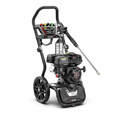 Rato PW3100-H – High Pressure Washer 2600–2700 PSI shown with the spray lance extended on a white background, featuring the petrol engine, nozzle tips, large wheels, soap tank and upright handle frame.
