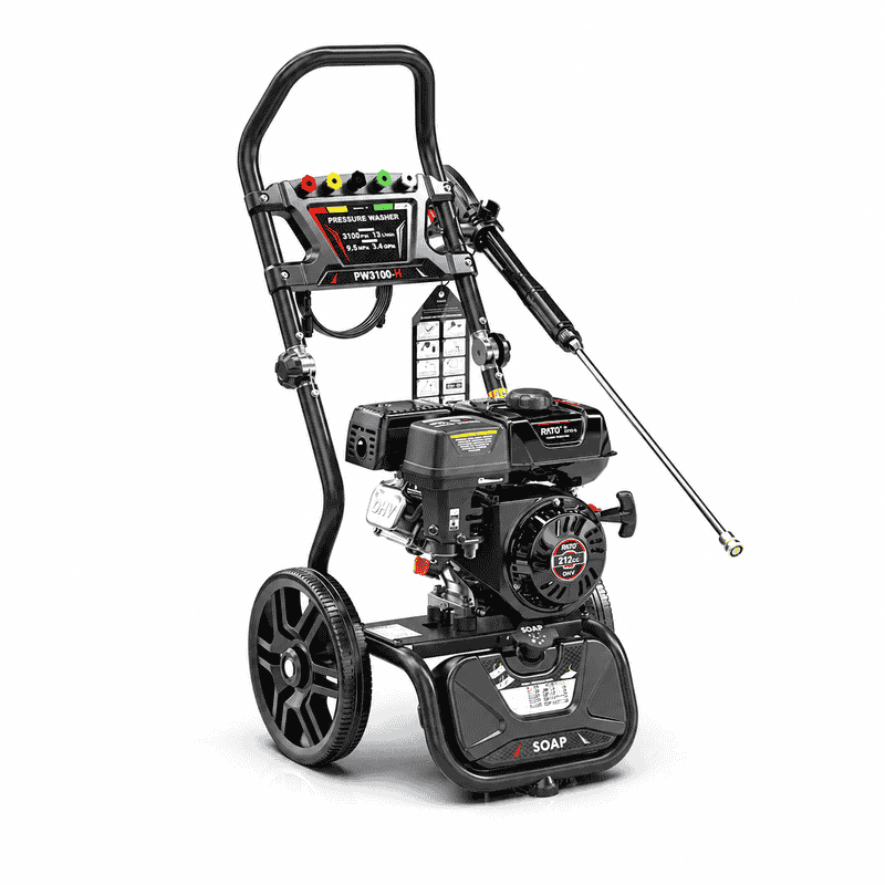 Rato PW3100-H – High Pressure Washer 2600–2700 PSI shown with the spray lance extended on a white background, featuring the petrol engine, nozzle tips, large wheels, soap tank and upright handle frame.